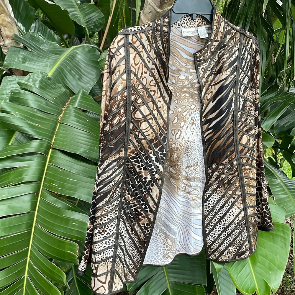 Chicos, leopard print bronze, faux, leather trim, open jacket